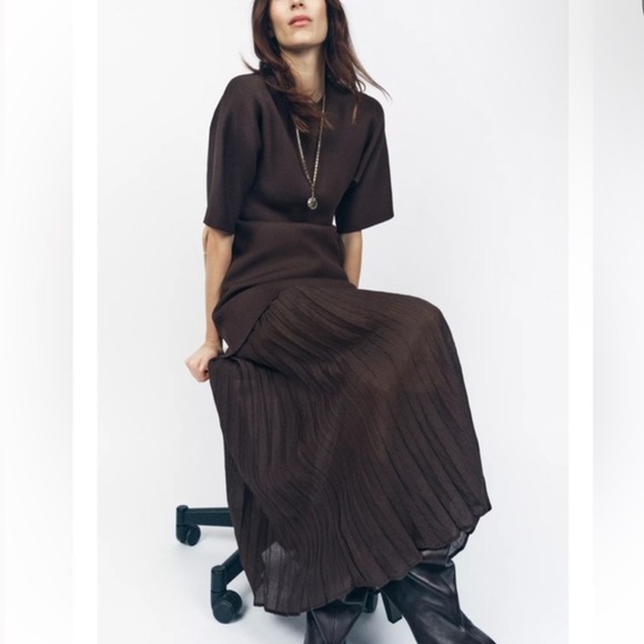 ZARA BROWN PLEATED COMBINATION DRESS - Picture 3 of 5